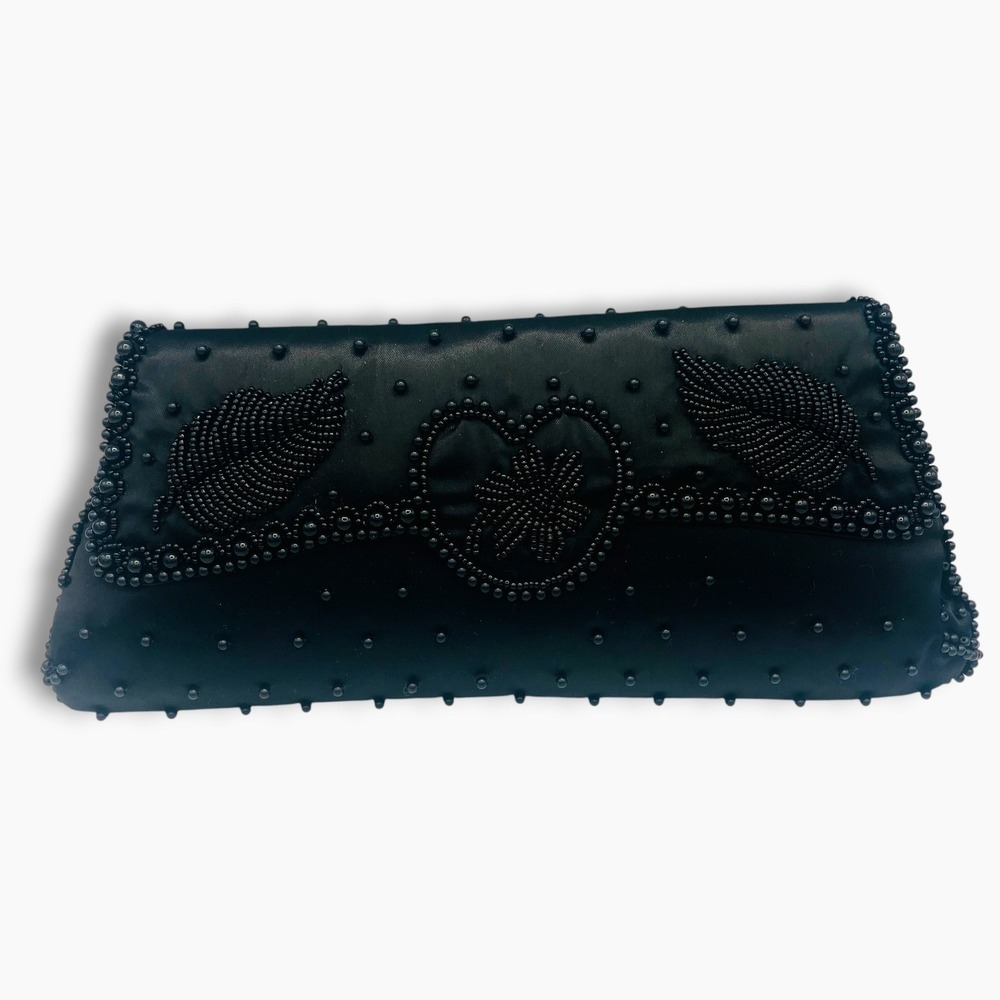 BonSoir Vintage Black Beaded Satin Clutch Bag Hand Made in Japan Italian Beads
